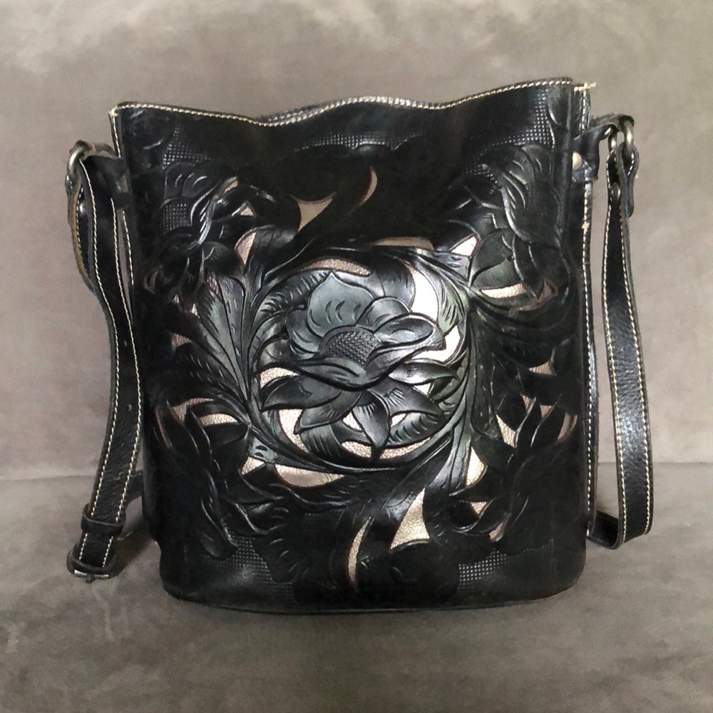Patricia Nash laser cut out tooled leather bucket handbag